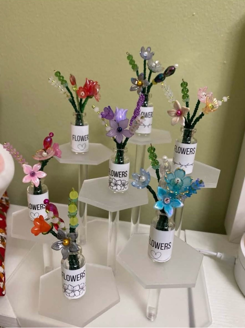 7pcs set of Hand Crafted Multicolor Beaded Flower Vases - White Bottles